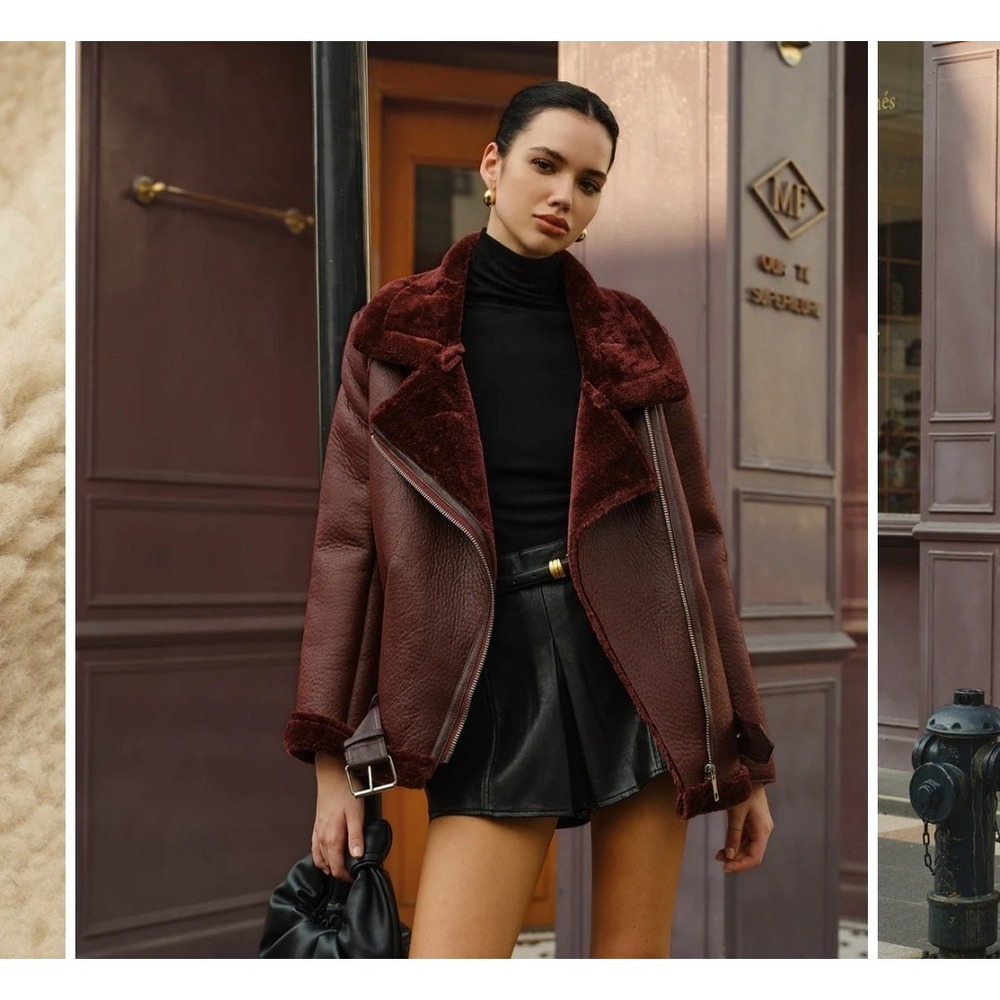 COMMENSE Faux Fur Vegan Leather Burgundy Jacket Coat Moto Buckled Sz S NWT $119